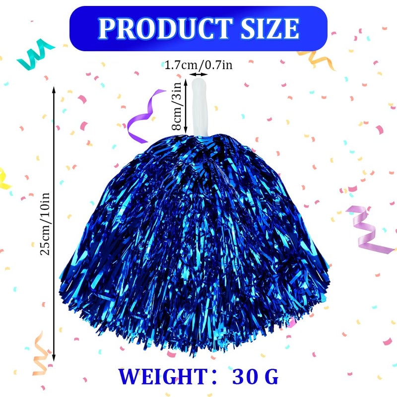 CUGBO 24Pcs Cheerleading Pom Poms, 1 Dozen Handle Metallic Foil Flower Ribbons Cheerleader Pompoms, Kids Children Ball Dance Sports Coaches Game Party Fancy (Blue) - Image 2